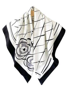 Head Scarf Black and White Flowers Hair Bandana 35" Large Square Satin